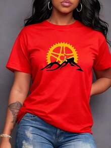 Camiseta de Mujer con Diseño de Bicicleta de Montaña y Engranaje Dorado, Estilo Casual y Deportivo, Ideal para Aventuras al Aire Libre y Expresar tu Pasión por el Ciclismo.,maija mujer curvy. - Rojo - Ver 7