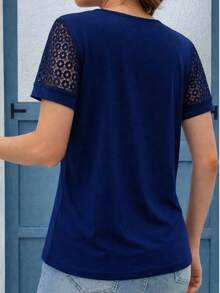 Women's Summer V-Neck Lace Patchwork Short Sleeve Blouse - Navy Blue - View 2