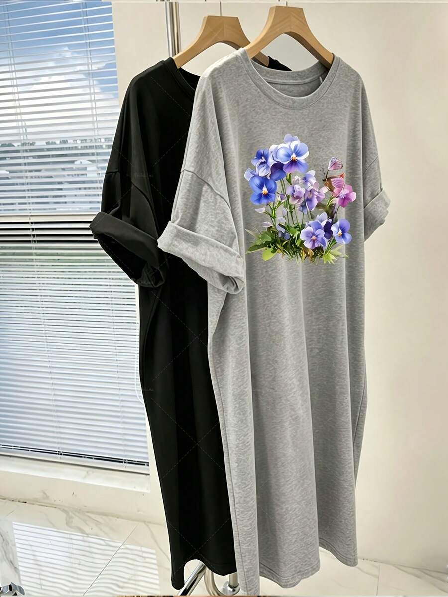 Women's Spring, Summer, Autumn Casual Sweet Daily Dress Floral Print Plus Size Short Sleeve Dress Women Versatile, Fashionable, And Elegant Suitable Everyday Casual Wear In All Seasons Best Choice Daily Outings, Dates, Seaside Vacations, And Other Festive Occasions Comfortable Clothing Summer EYLA - Màu xám đen - Xem 1