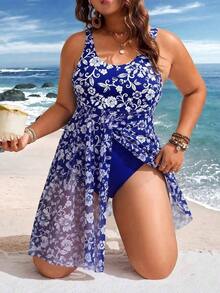 Traje de baño de una pieza con estampado retro y tirantes de malla de contraste para mujer de talla grande - Azul marino - Ver 1