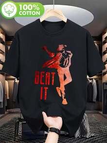 Camiseta retro de los 80s con estampado "Beat It" para hombre - Camiseta icónica de ícono pop, modelo normal, manga corta, cuello redondo, camisa casual adecuada para fiestas temáticas, eventos musicales y atuendos casuales, duradera, cómoda, de ajuste regular, también para ropa infantil. - Negro - Ver 1