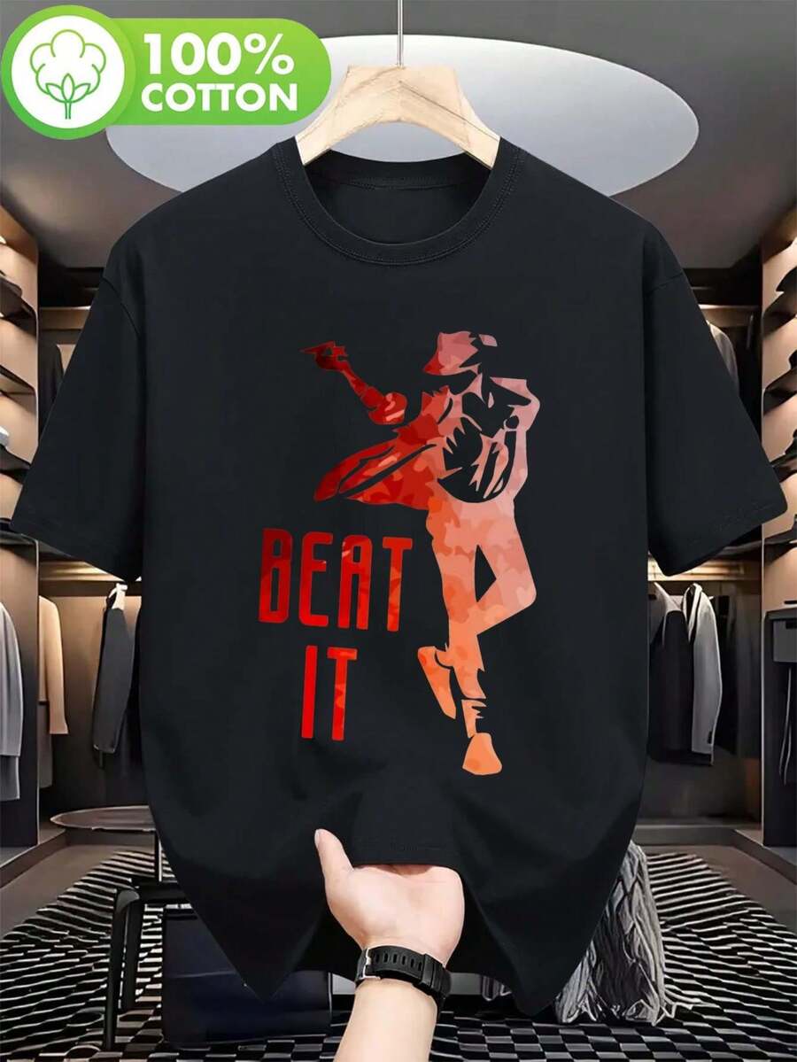 Camiseta retro de los 80s con estampado "Beat It" para hombre - Camiseta icónica de ícono pop, modelo normal, manga corta, cuello redondo, camisa casual adecuada para fiestas temáticas, eventos musicales y atuendos casuales, duradera, cómoda, de ajuste regular, también para ropa infantil. - Negro - Ver 1