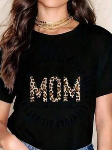 Blusas>Bonito 1 pieza Camiseta Modo Mamá Estampado de Leopardo Todo el Día Diseño de Texto de Mamá Ropa Casual para Mujeres 180g 100% Algodón suave 100% Cotton Blusas Para Mujer Casual - Negro - Ver 6