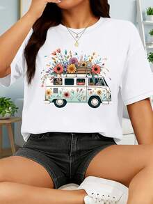 Camiseta vintage de manga corta para mujer - Floral Bus, con un diseño bohemio de una furgoneta camper sin frases, cuello redondo elástico, estilo casual, adecuada para primavera, verano y otoño, lavable a máquina, material transpirable, no transparente, corte holgado, estampado divertido, textura suave, imprescindible para las amantes de la moda. - Negro - Ver 9