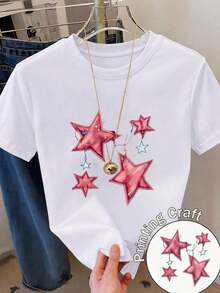 Camiseta Casual para Mujer con Estampado de Estrellas Rosadas, Manga Corta, Cuello Redondo, Corte Regular, Bonita Camiseta de Poliéster SPHV - Blanco - Ver 1