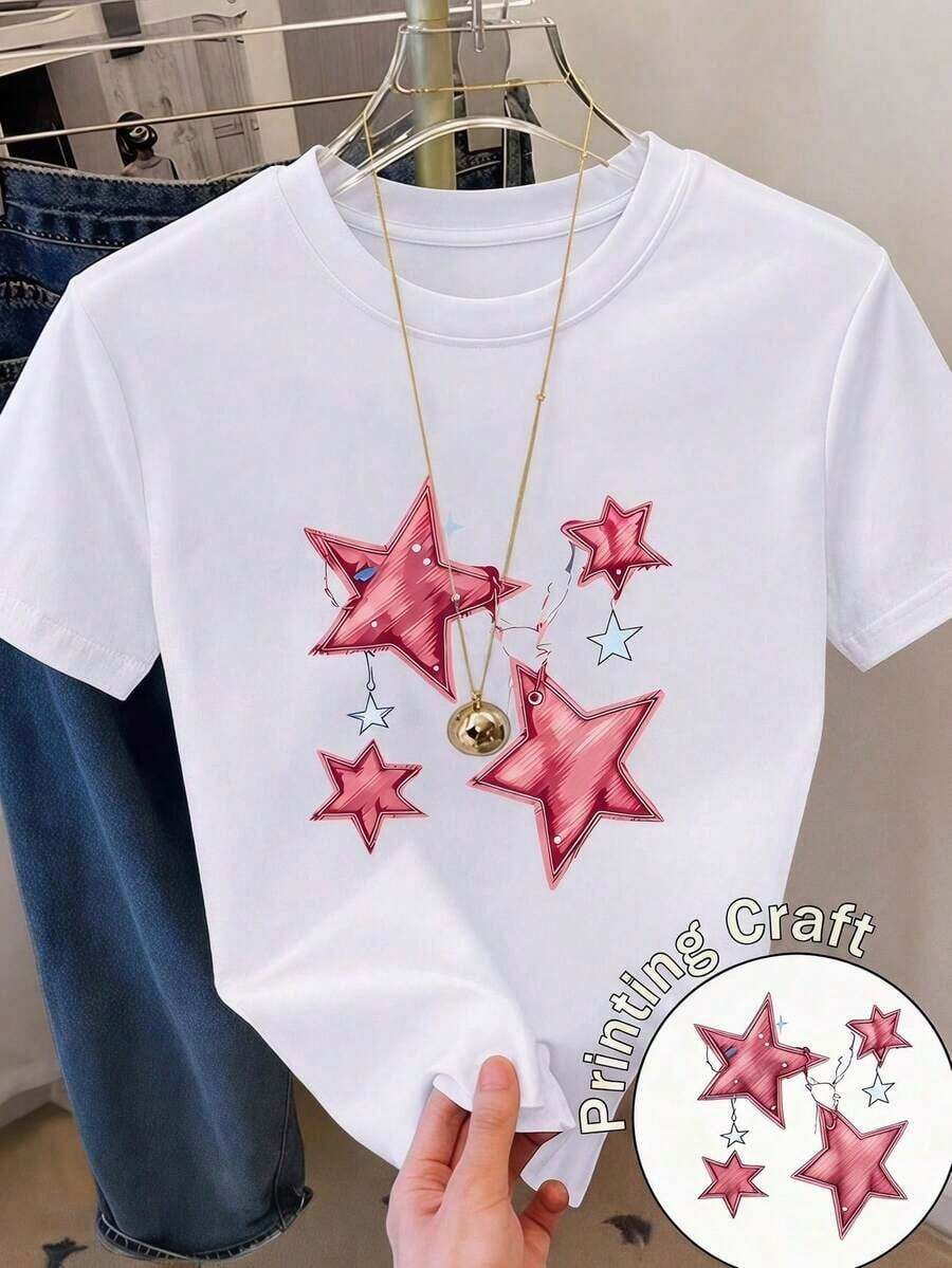 Camiseta Casual para Mujer con Estampado de Estrellas Rosadas, Manga Corta, Cuello Redondo, Corte Regular, Bonita Camiseta de Poliéster SPHV - Blanco - Ver 1
