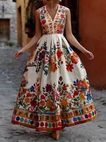 Spring/Summer New Women's Dress, Summer Vacation Outfit, Women's Apparel, Holiday Dress, White Base With Multicolor Floral Print, Sleeveless V-Neck Cinched Waist Flared Maxi Dress, Fashionable Summer Country Style, Elegant Palace Style, Daily/Beach/Vacation Bohemian Dress, Versatile - Multicolor - View 5