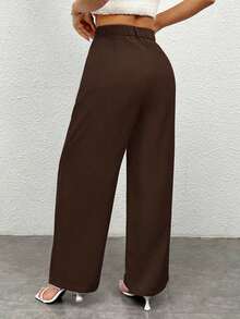 Pantalones anchos de unicolor informal para mujeres - Café integral - Ver 2