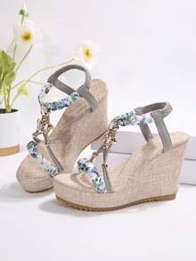 Women's Fashion Round Toe Open Toe Summer Plus Size Bohemian Style Platform Wedge Sandals - Blue - View 5