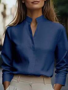 Camisa minimalista de unicolor de estilo europeo y americano para uso diario, con diseño de cuello de satén, manga larga y corte elegante y estilizado, ideal para la primavera - Azul marino - Ver 6