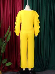 Conjunto de dos piezas elegante europeo y americano de invierno, con volantes, cordón ajustable, manga larga y corte ceñido a la cintura - Amarillo - Ver 2