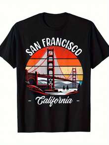 Camiseta de Hombre de San Francisco, California, con Estampado del Icónico Puente Golden Gate - Corte Casual, Manga Corta, Cuello Redondo, Adecuada para Uso Casual y como Souvenir de Viaje (Lavable a Máquina) - Negro - Ver 6