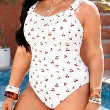 Swim Lushore Plus Size One-Piece Swimsuit With Cherry Print Pattern, Mature European And American Style - Negro - Ver 10