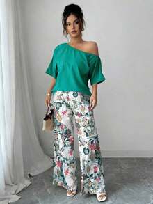 2 piezas Conjunto de top asimétrico de cuello sólido y pantalones con estampado tropical, estilo casual de vacaciones - Verde - Ver 6