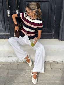 Top de punto a rayas para mujer , estilo casual holgado de manga corta y cuello redondo para verano, estilo preppy, cárdigan de manga corta a rayas marrones y azules, top de verano, estilo universitario americano, adecuado para uso diario, top de verano, para mujer en primavera. - Multicolor - Ver 6
