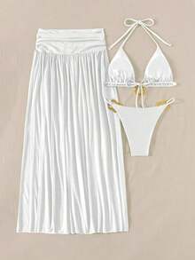 Vaytide Set de 3 piezas: Bikini de tela brillante de unicolor con diseño de aro de metal asimétrico + Vestido de malla larga tipo capa para la playa, traje de baño de resort vacacional para mujer - Blanco - Ver 3