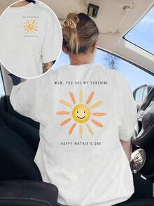 Camiseta de mujer manga corta con estampado de sol sonriente, estilo casual y moderno, cuello redondo, ideal para primavera y verano - Blanco - Ver 1
