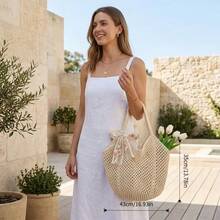 2/1pc Women Crochet (Tote Bag + Ribbon) 2pcs Set, Large Capacity Hollow Woven Shopping Tote Bag, Fixed Shoulder Strap, No Lining, Suitable For Travel & Daily Use - Multicolor - View 7