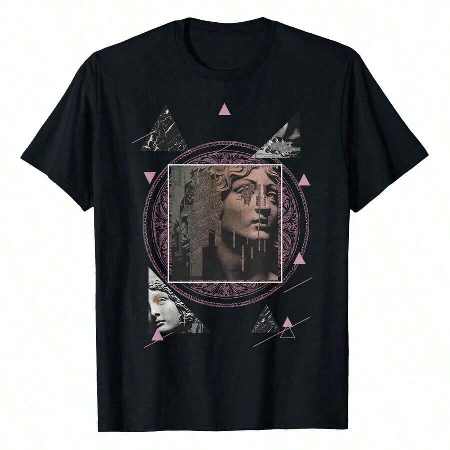 Camiseta de manga corta para mujer, estilo Vaporwave, estética retro, con estampado de arte de estatua griega de los años 80 y 90, 100% algodón, 220g, cuello redondo, informal, para exteriores, estilo vintage clásico urbano, para uso diario en las cuatro estaciones, regalos para días festivos. - Blanco - Ver 1