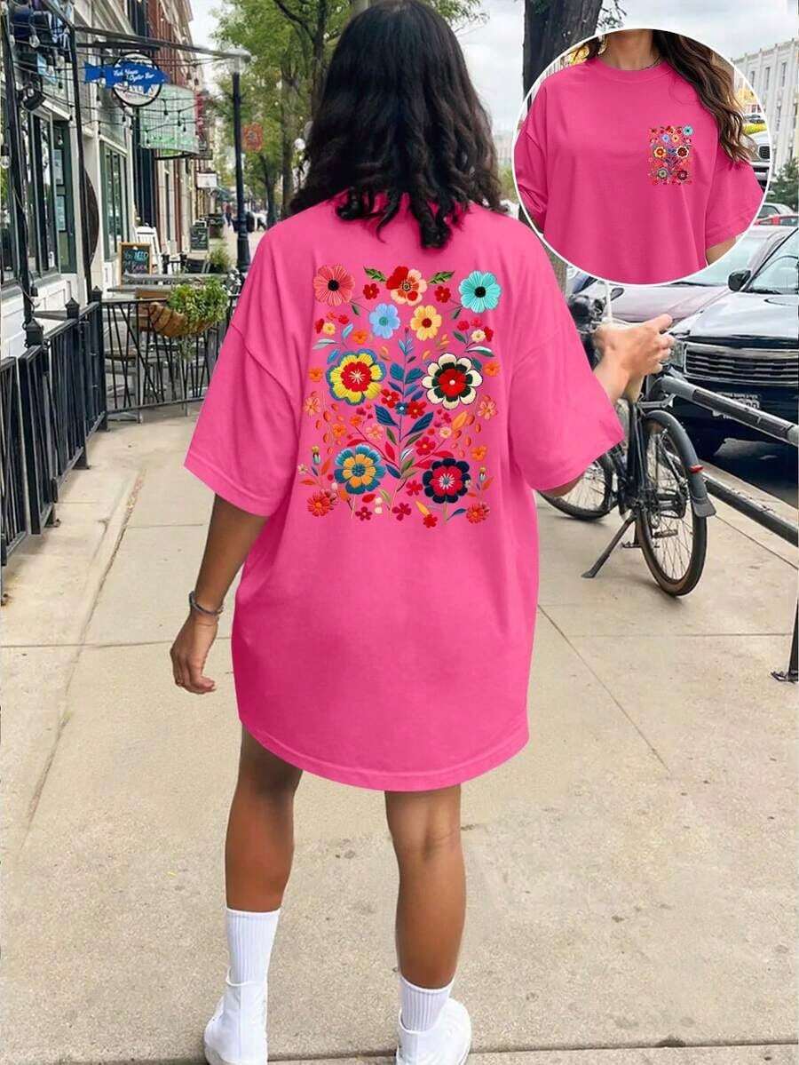 Plus Size T-Shirt With Summer Floral Print - 紫紅色 - 查看 1