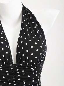 Vestido mini ajustado con cuello en V profundo y espalda descubierta con estampado de lunares negros y blancos y volantes en el bajo, elegante, romántico, bohemio, sexy y casual, versátil vestido de verano para mujer - Negro - Ver 7
