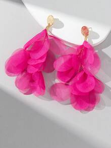 1 par de pendientes largos con flor de tela elegante, adecuados para uso diario - Rojo Rosado - E1341 - Ver 3