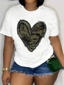 1 pieza de camiseta de mujer con estampado de corazón en camuflaje - Camiseta de algodón suave y transpirable, de manga corta, cuello redondo, para uso diario en primavera y verano, ropa casual diaria, camiseta con estampado de camuflaje, jersey de 180g, 100% algodón, los patrones están completamente impresos. Unisexo. - Blanco - Ver 8