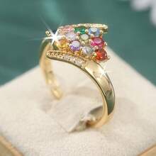 優雅奢華金戒指，鑲嵌多色合成鋯石，女士婚禮與派對飾品，完美的節日紀念禮物 - 金色 - 查看 4