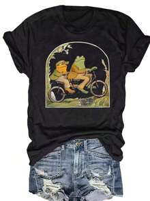 Camiseta Vintage con Estampado de Rana de Dibujos Animados Vibrante y Cuello Redondo - Tejido de Poliéster Suave con Microelasticidad, Largo Regular, Camiseta Casual de Manga Corta para Primavera y Verano, Ropa de Moda para Mujer con Estampado Posicionado, 100% Algodón. - Negro - Ver 2