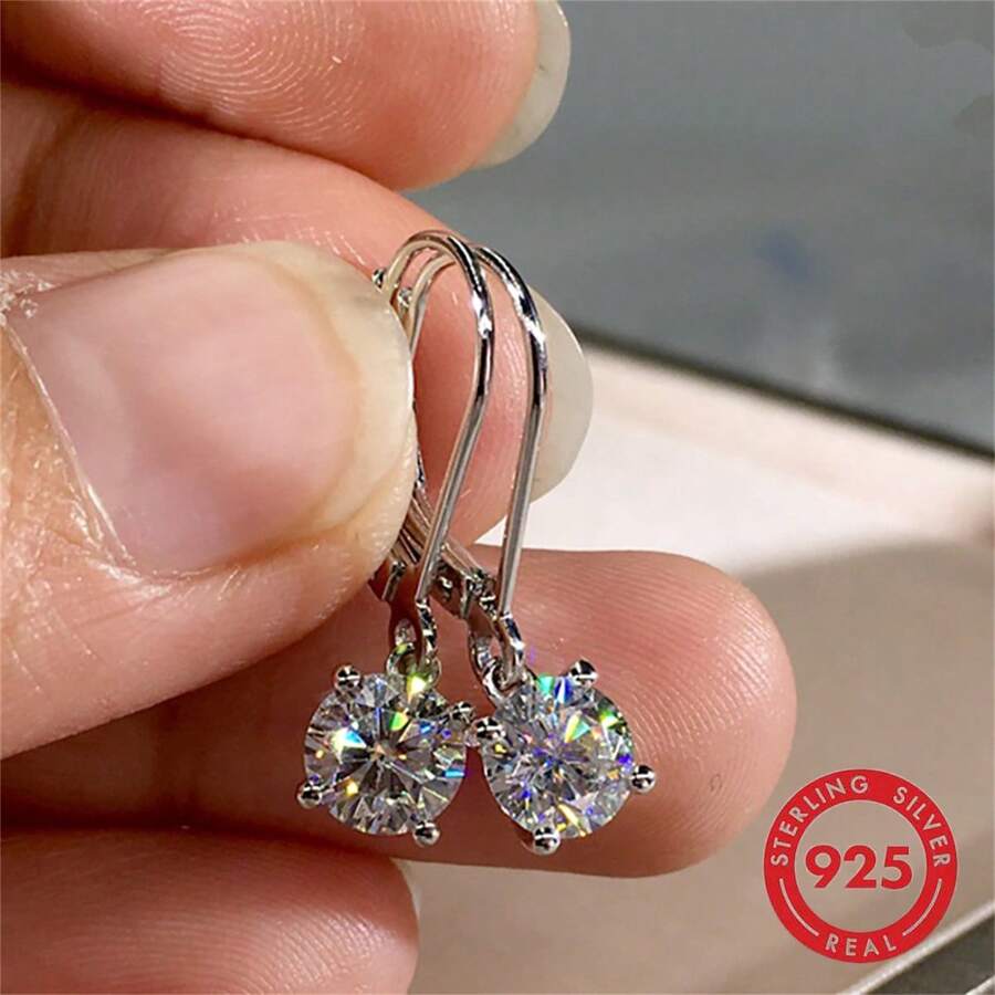 Bông tai bốn chấu cổ điển bằng bạc Sterling S925 Cubic Zirconia tròn, trang sức chất lượng cao dành cho phụ nữ - Bạc - Xem 1