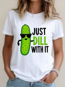 Funny Pickle 'Just With It' T-Shirt - Oversized White Loose Fit Short Sleeve T-Shirt With Pickle And Smiling Finger Design, Casual Summer And All Year Round, Funny Gift For Pickle Lovers - 白色 - 查看 1