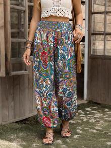 Pantalones jogger con estampado de paisley de cintura fruncido - Multicolor - Ver 12