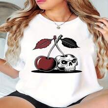 Short-Sleeved T-Shirt With Round Neck And Cherry And Skull Print, Casual Sporty Short-Sleeved Top With Round Neck For Summer, Women's Clothing. - 白色 - 查看 1