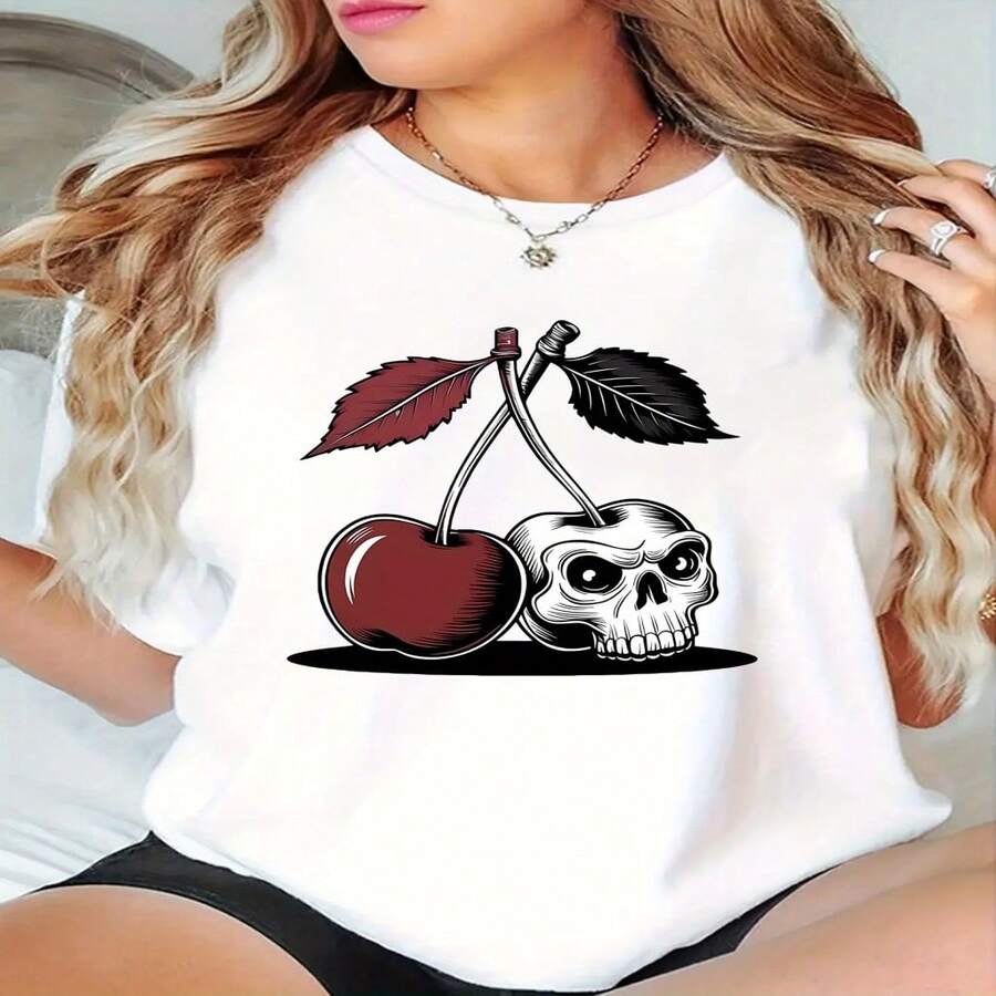 Short-Sleeved T-Shirt With Round Neck And Cherry And Skull Print, Casual Sporty Short-Sleeved Top With Round Neck For Summer, Women's Clothing. - 白色 - 查看 1