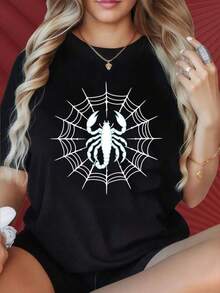 Camisetas de mujer con cuello redondo y mangas cortas con patrones impresos interesantes. Camiseta negra con diseño de telaraña blanca y escorpión, camiseta casual de mujer de manga corta, top de moda con gráfico. Adecuado para fiestas de Navidad, actividades deportivas, fiestas de vacaciones, salidas y otros regalos festivos (220g). - Negro - Ver 2