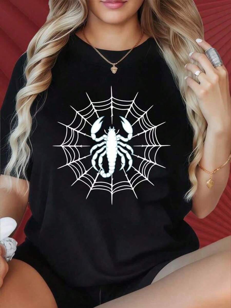 Camisetas de mujer con cuello redondo y mangas cortas con patrones impresos interesantes. Camiseta negra con diseño de telaraña blanca y escorpión, camiseta casual de mujer de manga corta, top de moda con gráfico. Adecuado para fiestas de Navidad, actividades deportivas, fiestas de vacaciones, salidas y otros regalos festivos (220g).