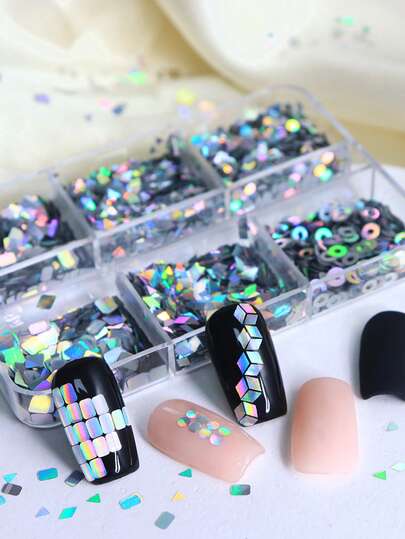 6 Compartments Holographic Silver Nail Sequins Set, Geometric Patterns Iridescent Glitters, Chic Nail Art DIY Decorations