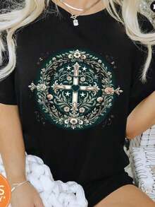 1 camiseta católica mariana, regalo católico, camiseta religiosa católica mariana, ropa de fe cristiana, camisetas religiosas florales para mujer, camiseta con cruz, camisetas lindas de verano para mujer, camiseta estampada de cuello redondo, camisetas gráficas para mujer, 180g 100% algodón, todos los diseños están impresos. Unisexo. - Negro 013 - Ver 12