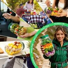2 Stücke tragbare Salatschüssel Set, inklusive 75ml Soßenbehälter, 304 Edelstahl Salatbesteck und auslaufsichere Salatdose mit seitlichen Öffnungen und Portionsanzeige, geeignet für Büro, Fitness und Reisen (Grün) - Verschiedenfarbig - Übersicht 7