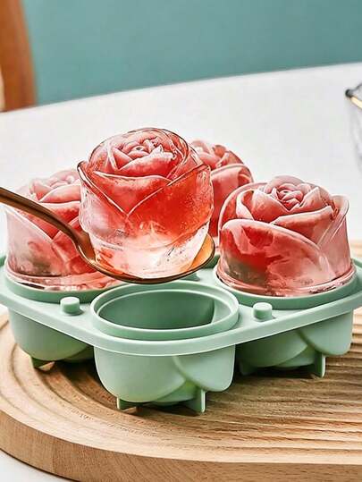 4-Cavity Rose Shaped Ice Cream Mold (With Lid) - 3D Rose Ice Ball Maker, Ideal For Whiskey, Cocktails And Romantic Occasions