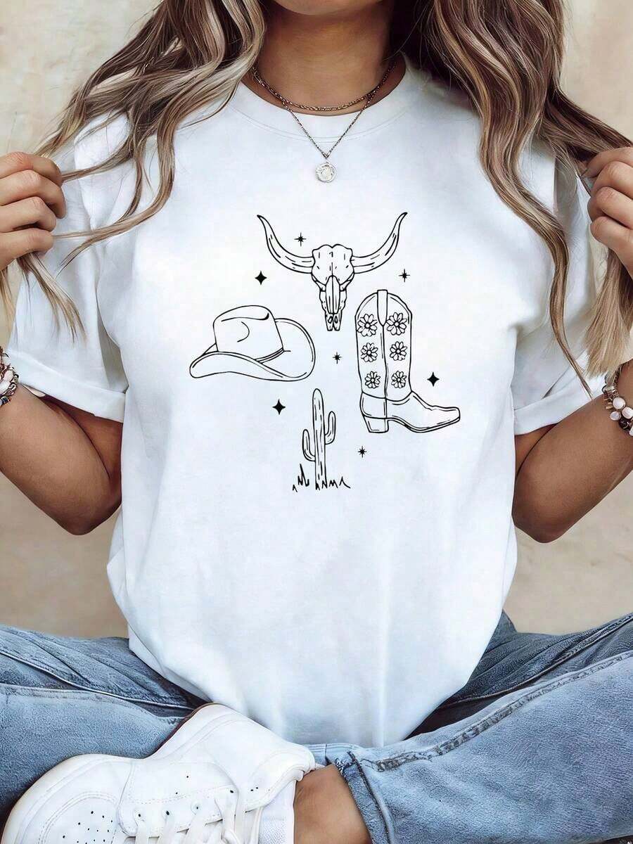 Women's Clothing, Women's Western Cowboy Style T-Shirt - Cow Skull Print, Cowboy Boots And Cactus, Short Sleeve, Round Neck | Casual Western Style Blouse, Suitable For Spring/Summer, Machine Washable, For Ranch Parties, Themed Events And Casual Outfits. - 白色 - 查看 1