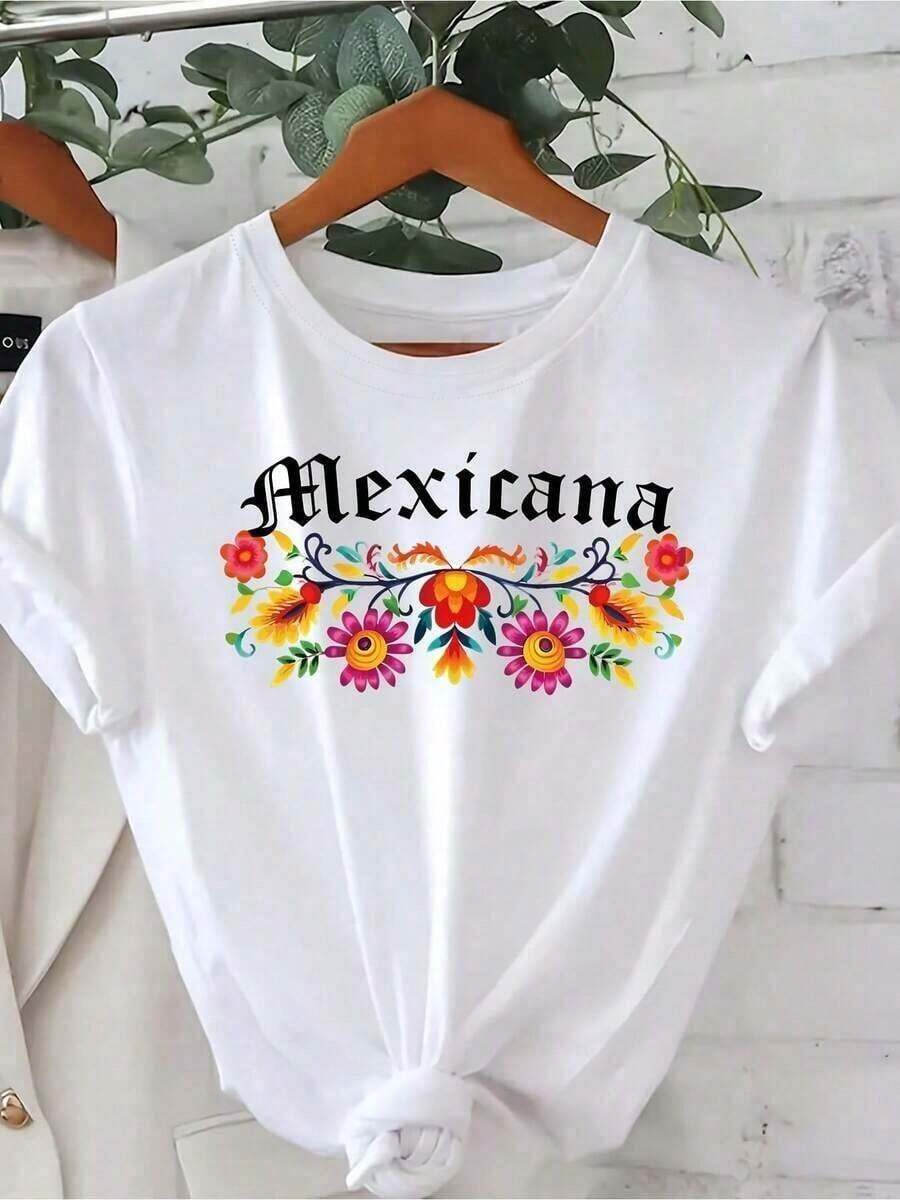 Gift Mexican Floral Print T-Shirt - Short Sleeve, Crew Neck, Casual Top, Vibrant Colors, Machine Washable, Comfortable Fit For All Seasons, Mexican T-Shirt, Spring Outfit, Festive Fashion, Durable Fabric, 1 Piece Winter Clothing, Unisex For Women And Men, Soft - 白色的 - 查看 1