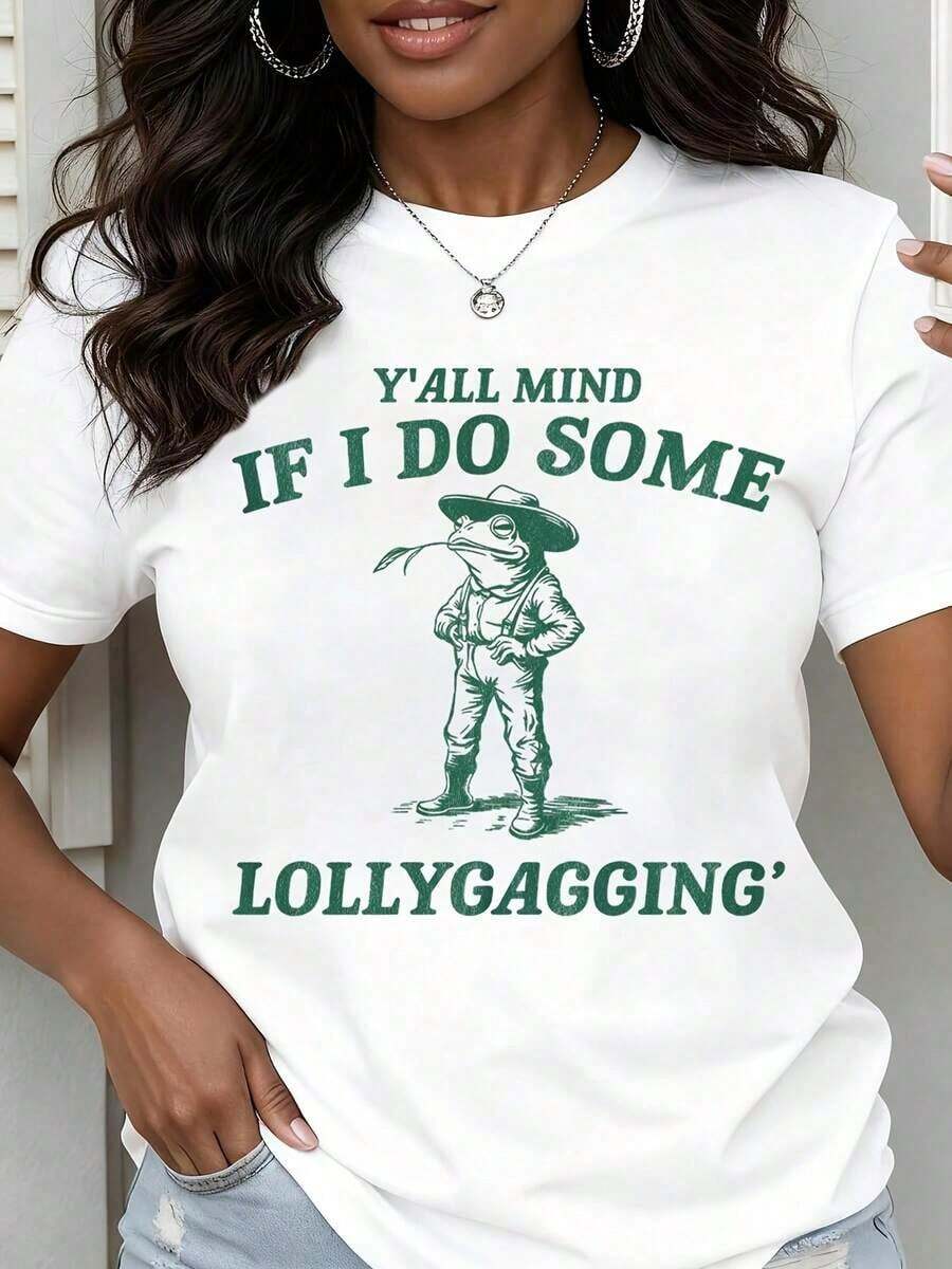 Women's Round Neck T-Shirt With Frog Print With Hat And Cigar And The Phrase "Yall Mind If I Do Some Lollygagging", Short Sleeve, Casual Summer Style. - 白色 - 查看 1