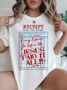 Women's Casual Short Sleeve T-Shirt - Summer Crew Neck T-Shirt With "Receipt Clear The Ledger Jesus Paid It All" Print, Machine Washable, Ladies' T-Shirts, Casual Wear, Modern Style, Comfortable Fit

-White - 白色 - 查看 7