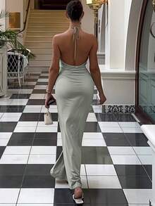 Vestido largo fiesta mujer cuello halter escote V profundo espalda descubierta cintura ajustada estilo europeo elegante - Verde - Ver 2