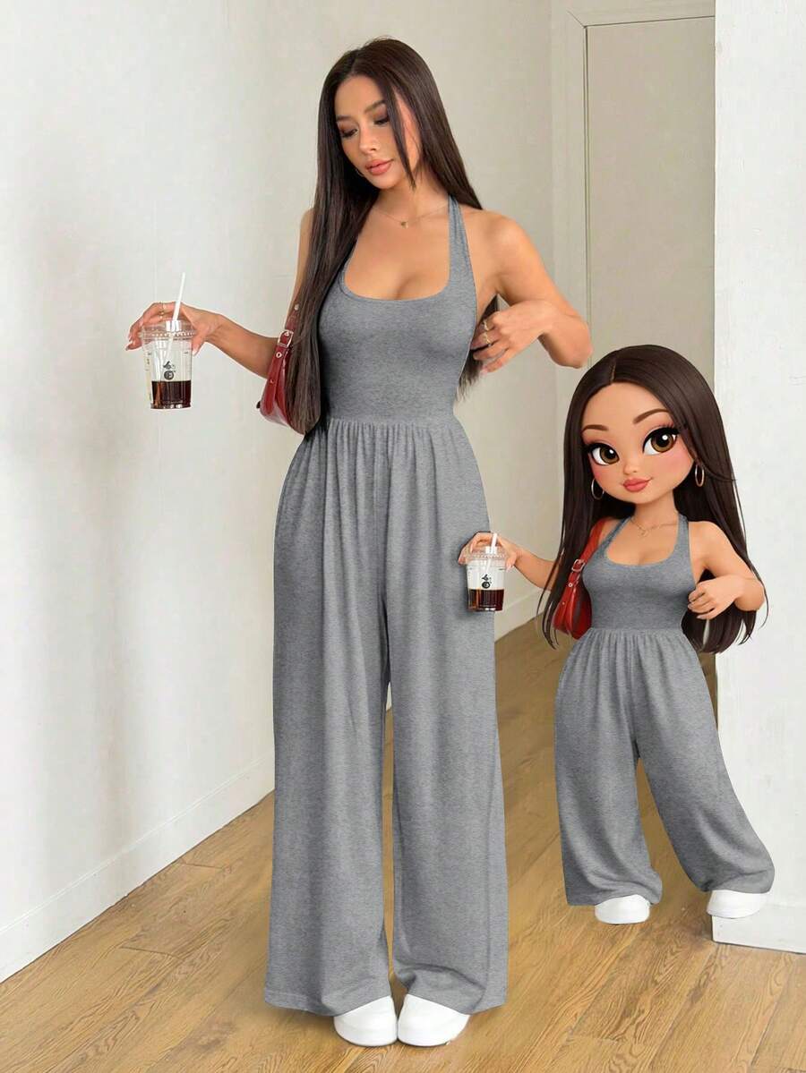 AITYI Studio 女款細肩帶連身褲,時尚寬鬆休閒舒適,柔軟面料,高彈性,開學季穿搭,畢業季穿搭,露背設計 - 淺灰色 - 查看 1