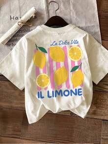 Summer Top, Women's Top With Double-Sided Print, Casual Fashion Outfit For Spring And Summer, Fresh Lemon Stripe Look, La Dolce Vita Print, Round Neck, Made Of Pure Cotton, Short-Sleeved Cotton T-Shirt, Short-Sleeved Women's Top - White - View 7