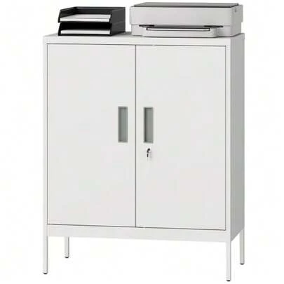 Steel Cabinet With Lock And 2 Doors, Office Cabinet, Adjustable Shelves, For Home Office, Living Room, Garage, White.