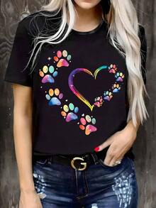 1 pieza de camiseta elástica de talla grande para mujer con estampado de corazón y huella de pata - Blusa transpirable, no transparente, de manga corta y cuello redondo - Top compatible. |     Lavable a máquina, ropa casual de primavera y verano, adecuada para todo tipo de cuerpos y atuendos diarios, 180g de algodón 100%. - Negro - Ver 7