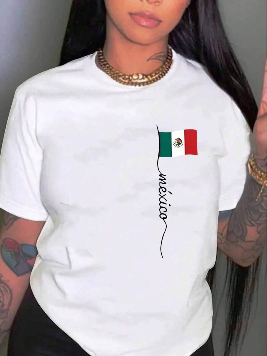 Women's T-Shirt With Mexican Flag - National Emblem, Ideal For Travel And Casual Wear, Round Neck, Short Sleeve, Machine Washable, Garment Of Mexican Pride, Soft - 白色 - 查看 1